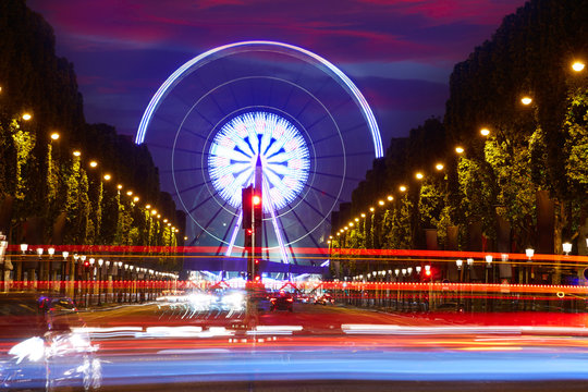 Champs Elysees in Paris and Concorde sunset