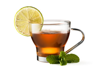 Glass cup of black tea isolated on white background