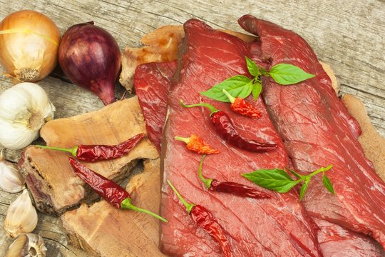 Preparing for grilling. Raw beef on a wooden board. Homework steak.