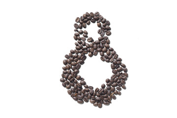 Coffee beans in form of number eight. Isolated on white background. International women's day. 8th march