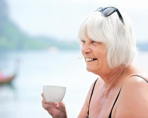 Series of a Cute Senior Couple (Man and Woman) on Vacation in Summer, Together, Portraits, with Cocktails and without