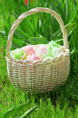 Fototapeta na wymiar Easter eggs basket and tulip flowers