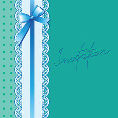 Lace and bow on a turquoise background. Vintage background with lace border and satin ribbon with a bow. Invitation card or template shower card baby. Vector Image.