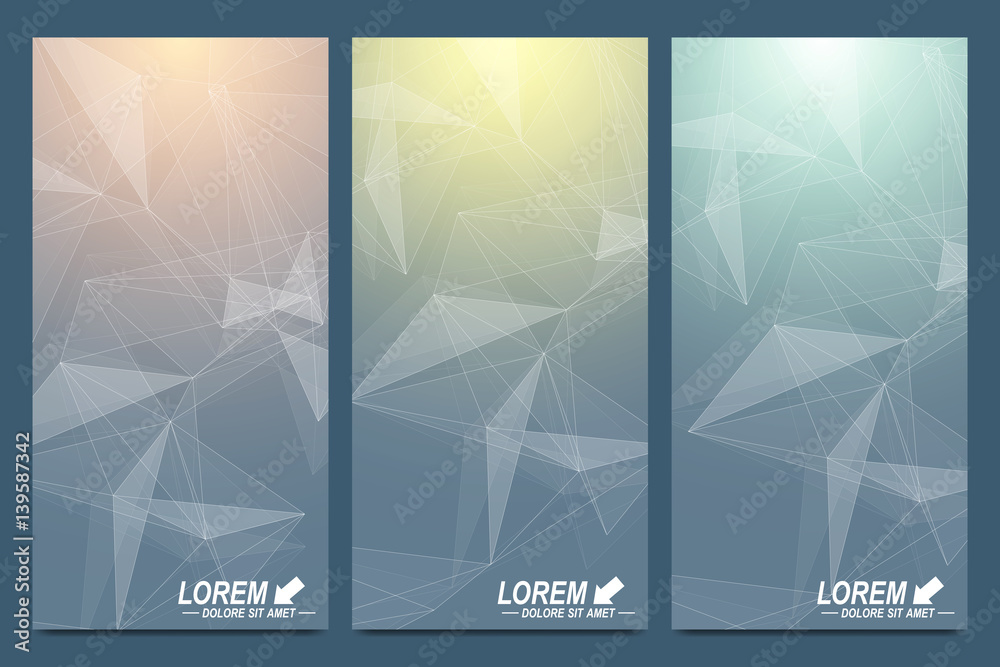 Aufkleber Modern set of vector flyers. Geometric presentation. Molecule and communication background for medicine, science, technology. Scientific cybernetic particle compounds. Lines plexus. Card surface.