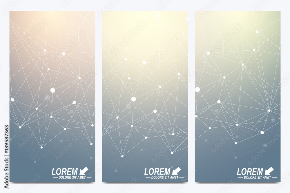 Poster Modern set of vector flyers. Geometric presentation. Molecule and communication background for medicine, science, technology. Scientific cybernetic particle compounds. Lines plexus. Card surface.