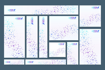Scientific standard size banners. Geometric abstract presentation. Medical, science, technology, chemistry background molecule and communication. Cybernetic dots. Lines plexus. Card surface.