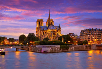 Notre Dame cathedral Paris sunset at Seine