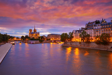 Notre Dame cathedral Paris sunset at Seine