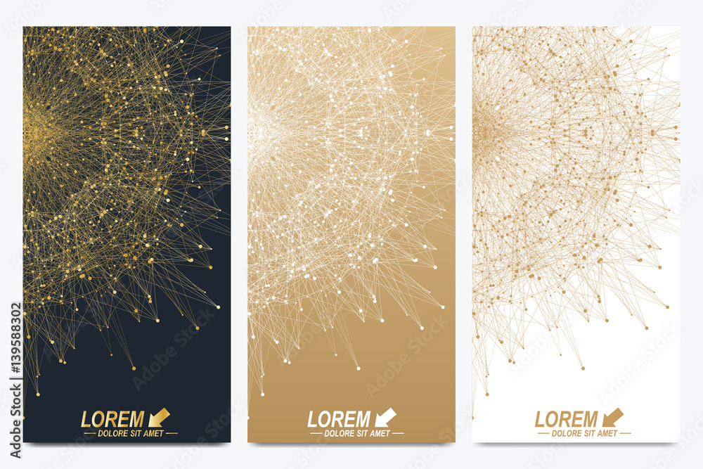 Poster Modern set of vector flyers. Geometric abstract presentation. Molecule and communication background for medicine, science, technology, chemistry. Golden cybernetic dots. Lines plexus. Card surface.