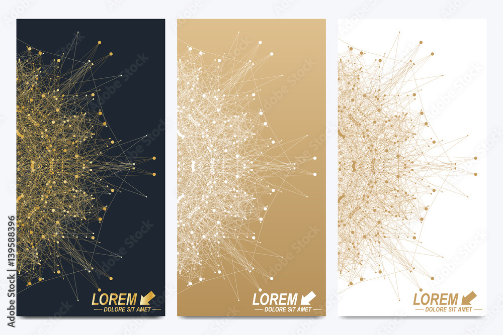 Poster Modern set of vector flyers. Geometric abstract presentation. Molecule and communication background for medicine, science, technology, chemistry. Golden cybernetic dots. Lines plexus. Card surface.
