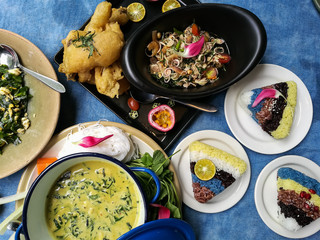 Thai Traditional food set on blue tablecloth