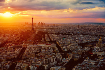 Eiffel Tower in Paris aerial sunset France