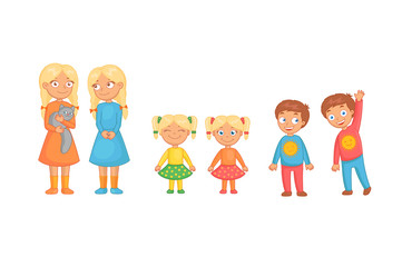 Cute girls and boys twins in dresses Funny bright cartoon character. Vector illustration.