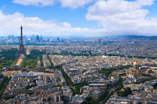 Paris Eiffel tower and skyline aerial France
