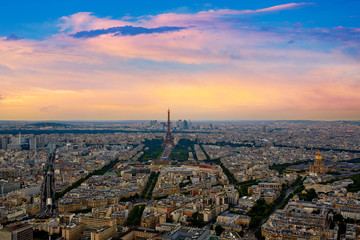Fototapeta na wymiar Eiffel Tower in Paris aerial sunset France