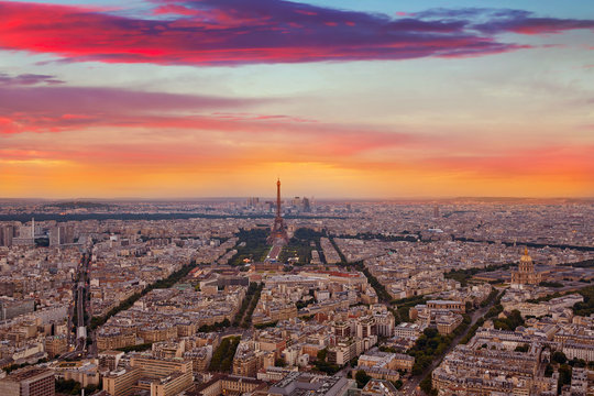 Eiffel Tower In Paris Aerial Sunset France
