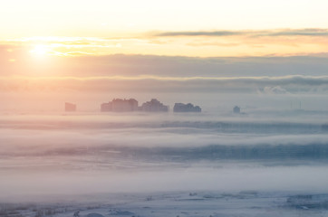 Morning gray sunlight city in smog fog and smoke