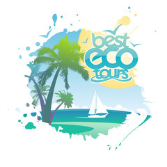 Best eco tours poster in form of blot with tropical ocean, palms and yacht