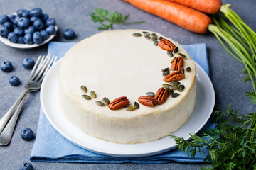 Carrot cake. Healthy food. Copy space