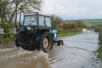 Flooded road in East Devon, England