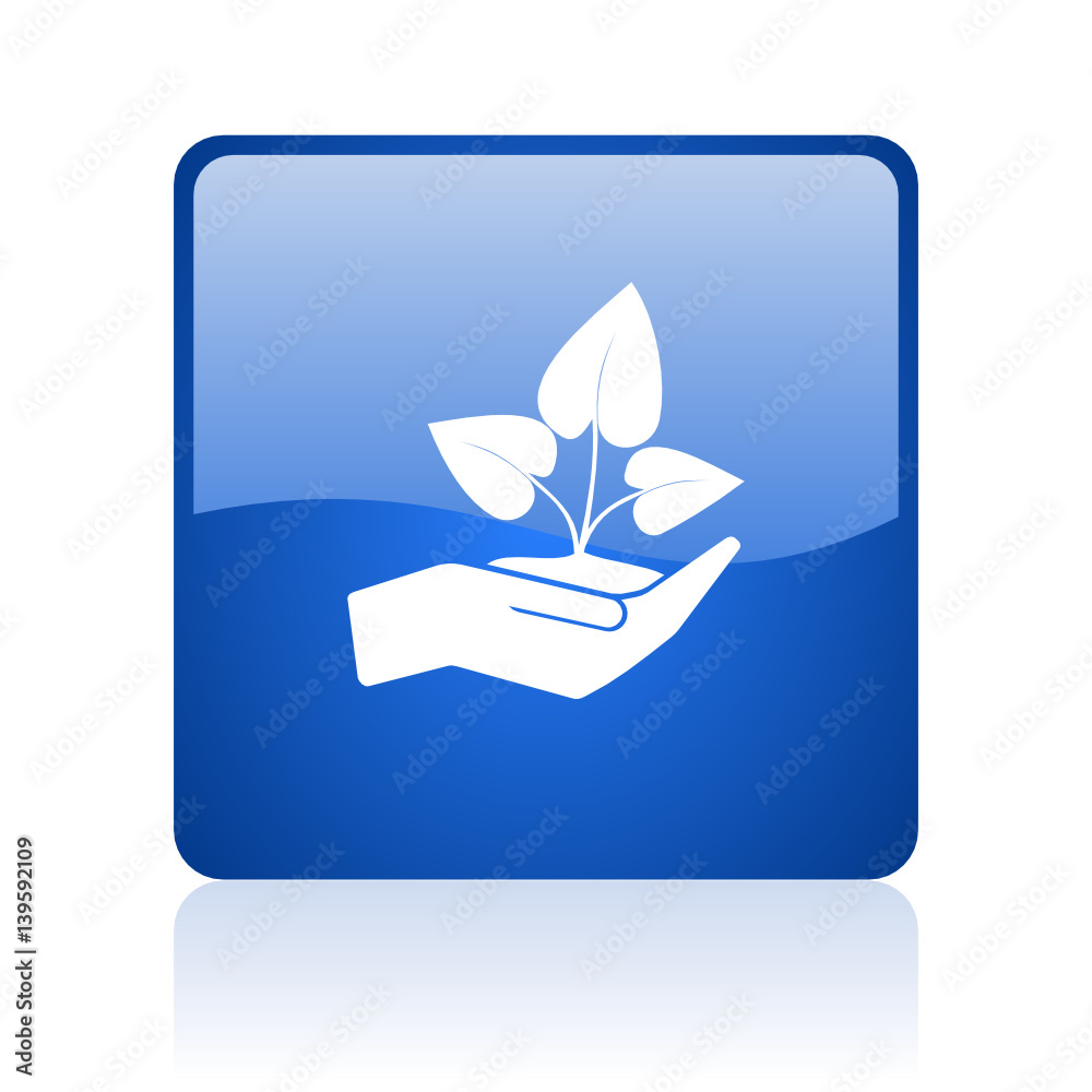 Leinwandbilder hand protect plant growth blue square glossy vector web icon. modern design internet button for smar