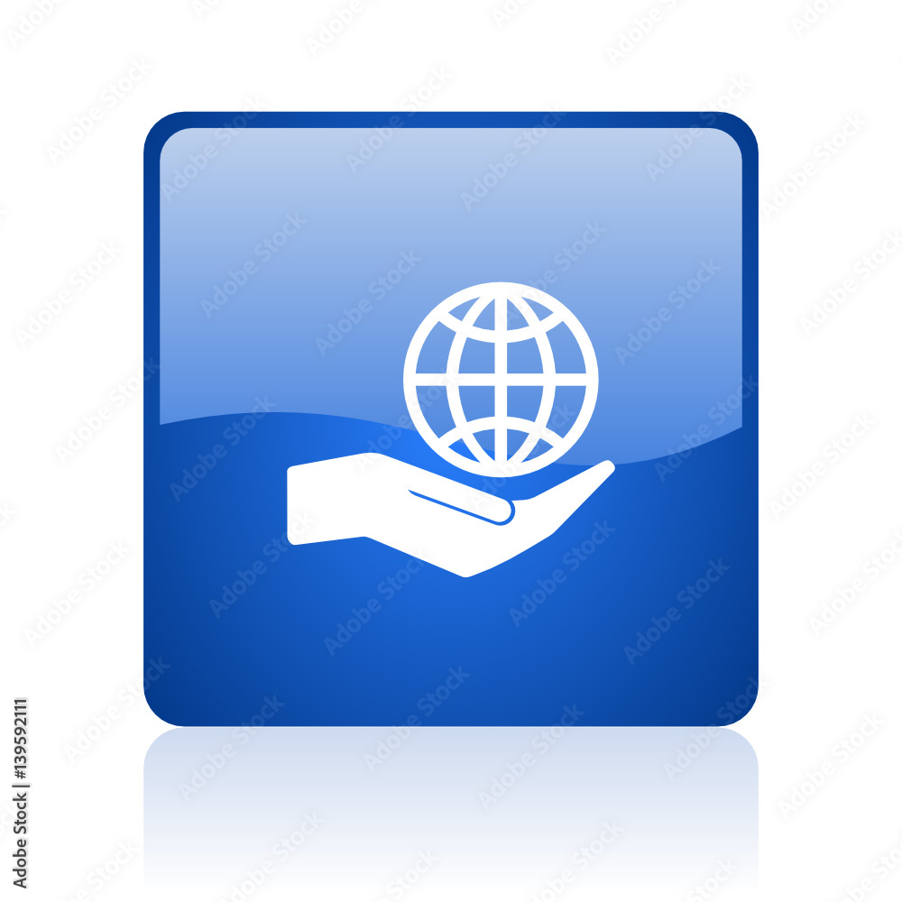 Leinwandbilder hand protect the earth blue square glossy vector web icon. modern design internet button for smartph