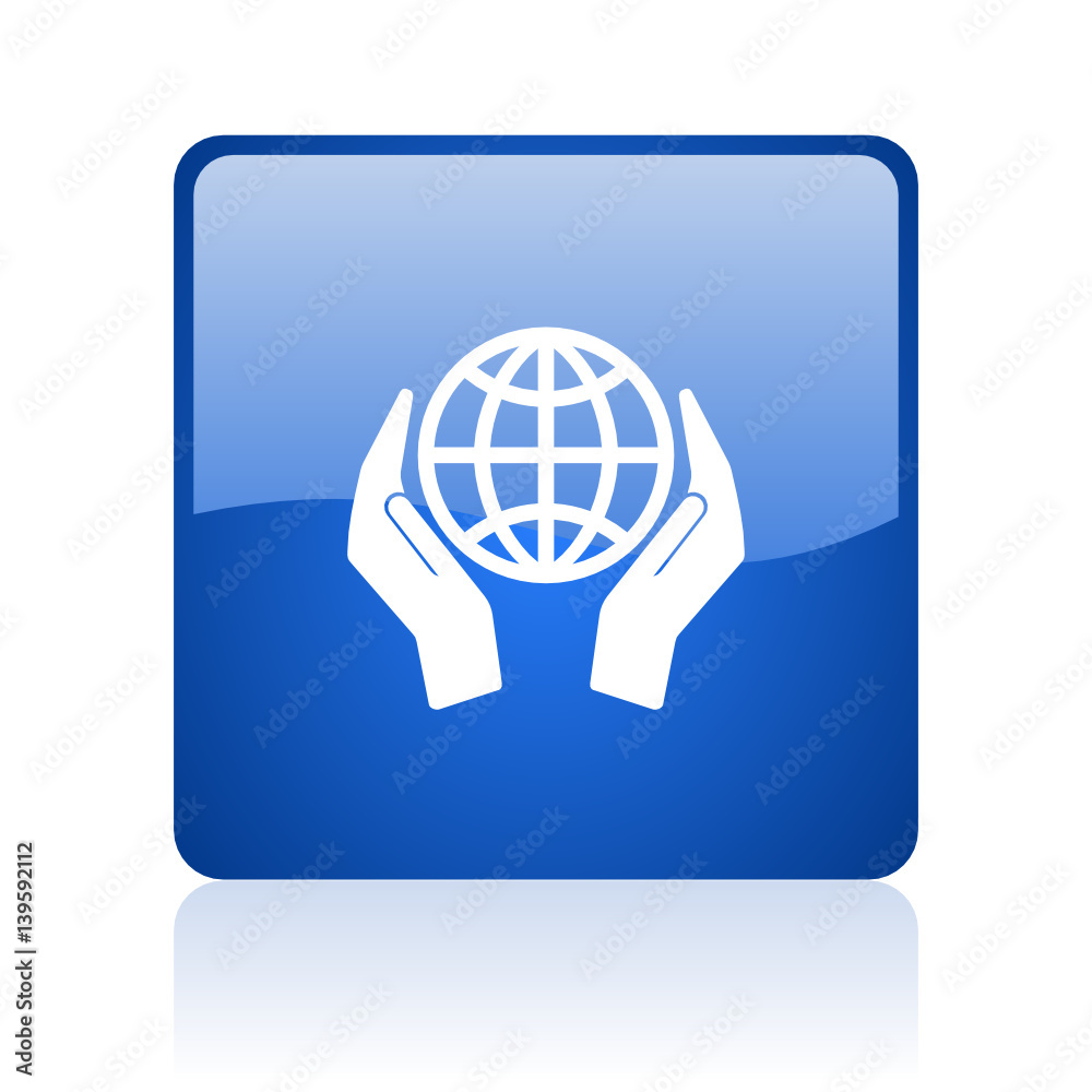 Leinwandbilder hand protect the earth blue square glossy vector web icon. modern design internet button for smartph