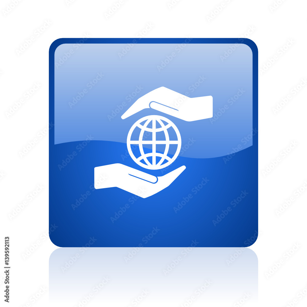 Leinwandbilder hand protect the earth blue square glossy vector web icon. modern design internet button for smartph