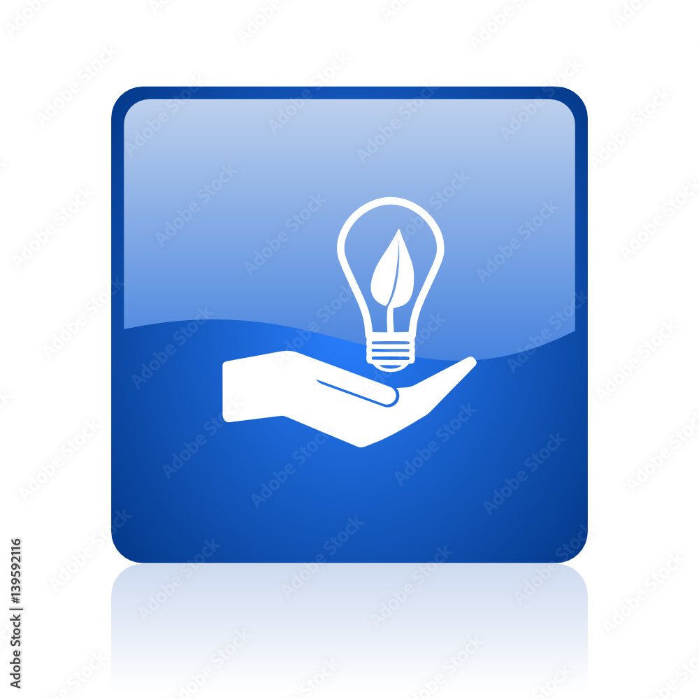 Poster Ecology bulb on hand blue square glossy vector web icon. Modern design internet button for smartphone applications