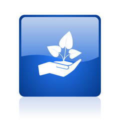 Hand protect plant growth blue square glossy vector web icon. Modern design internet button for smartphone applications