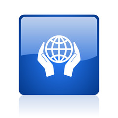 Hand protect the earth blue square glossy vector web icon. Modern design internet button for smartphone applications