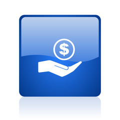 Save money blue square glossy vector web icon. Modern design internet button for smartphone applications
