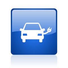 Electric car blue square glossy vector web icon. Modern design internet button for smartphone applications