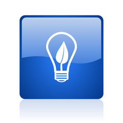 Green energy light bulb blue square glossy vector web icon. Modern design internet button for smartphone applications