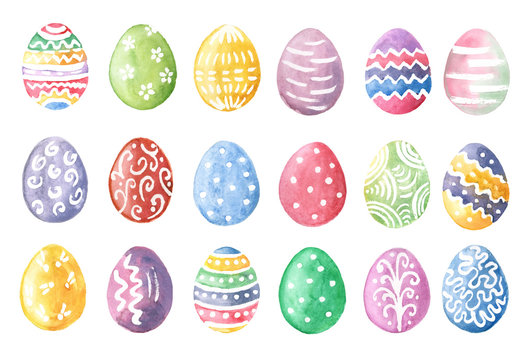 Happy Easter. Watercolor set of hand drawn colored Easter eggs