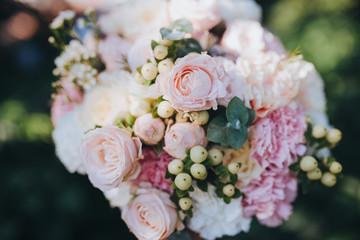 Wedding bridal bouquet of flowers and greenery