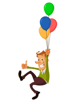 Smiling Man Flying And Holding Colored Air Balloons