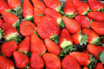 background red ripe strawberries for sale in the market
