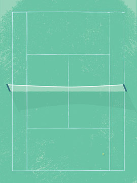 Tennis Court Vector Illustration In Modern Vintage Retro Style. Grass Surface With Net In Middle.