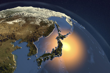 Fototapeta na wymiar Planet Earth from space showing Japan with enhanced bump, 3D illustration, Elements of this image furnished by NASA