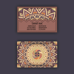 Vector Business card Design Template with Ornamental geometric mandala pattern. Vintage decorative elements. Hand drawn tile background.