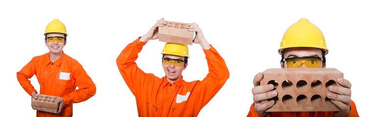 Man with brick isolated on white