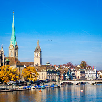 Switzerland. Panorama of Zurich with lake with boats on foreground