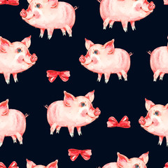 Watercolor seamless pattern with cute piggy