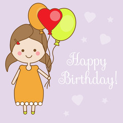 Cute smiling little girl holding balloons. Shappy Birthday greeting card design template