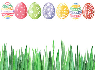 Happy Easter. Watercolor hand drawn background with Easter eggs