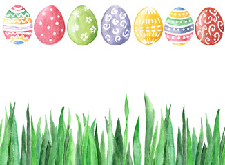 Happy Easter. Watercolor hand drawn background with Easter eggs