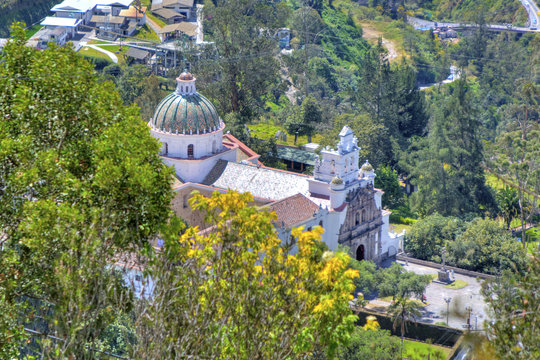 High up view of the Guapulo church, on a sunny morning. Quito, Ecuador.
