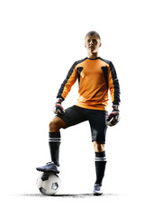 Fototapeta na wymiar Professional soccer goalkeeper in action on white background