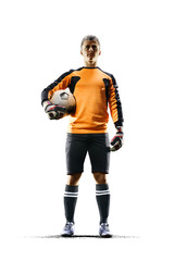 Professional soccer goalkeeper in action on white background